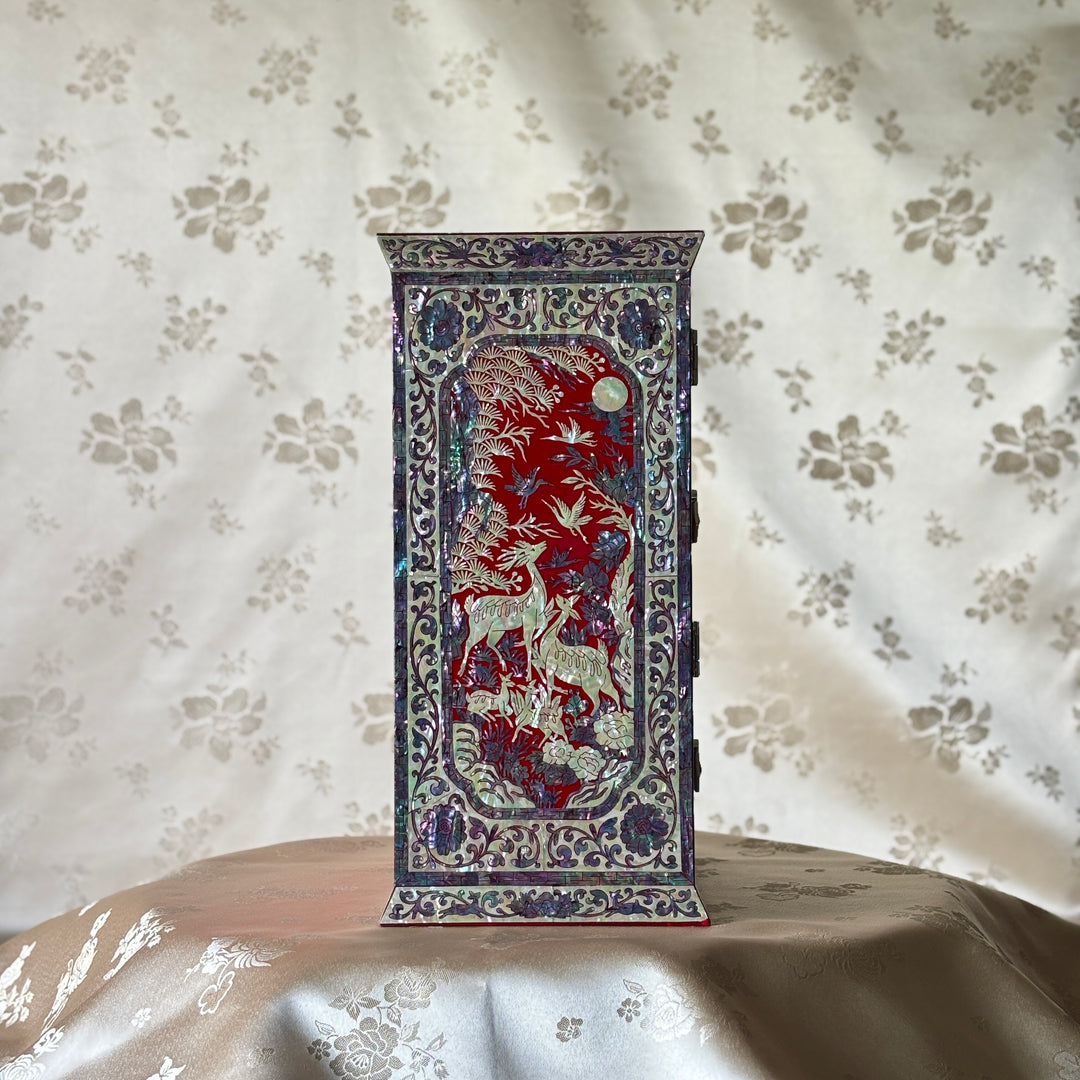 Mother-of-Pearl Double-Doored Jewelry Chest: Grand Scale, Longevity Motif on Red Ground