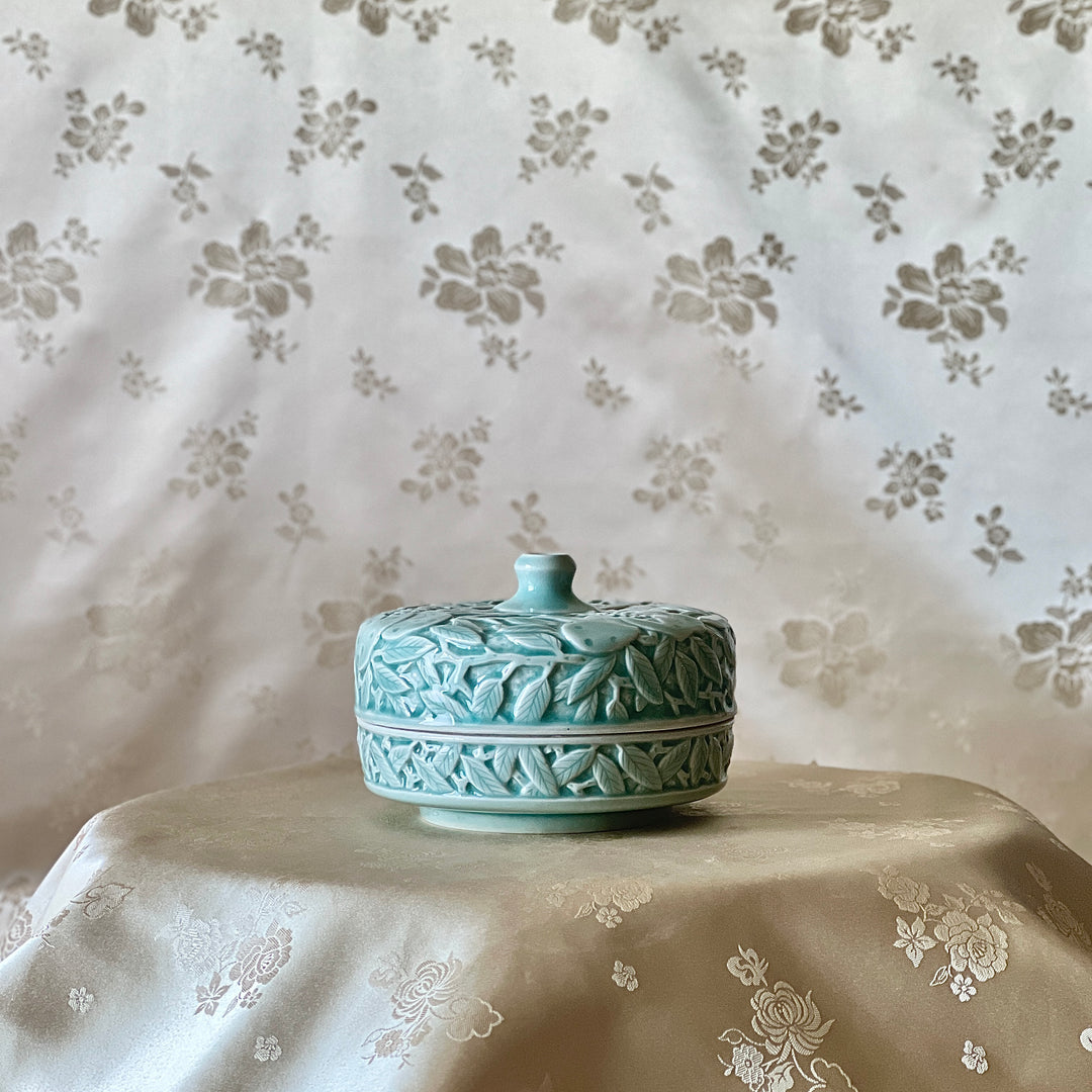 Celadon-Glazed Porcelain Covered Box and Single-Stem Vase: Pomegranate Motif
