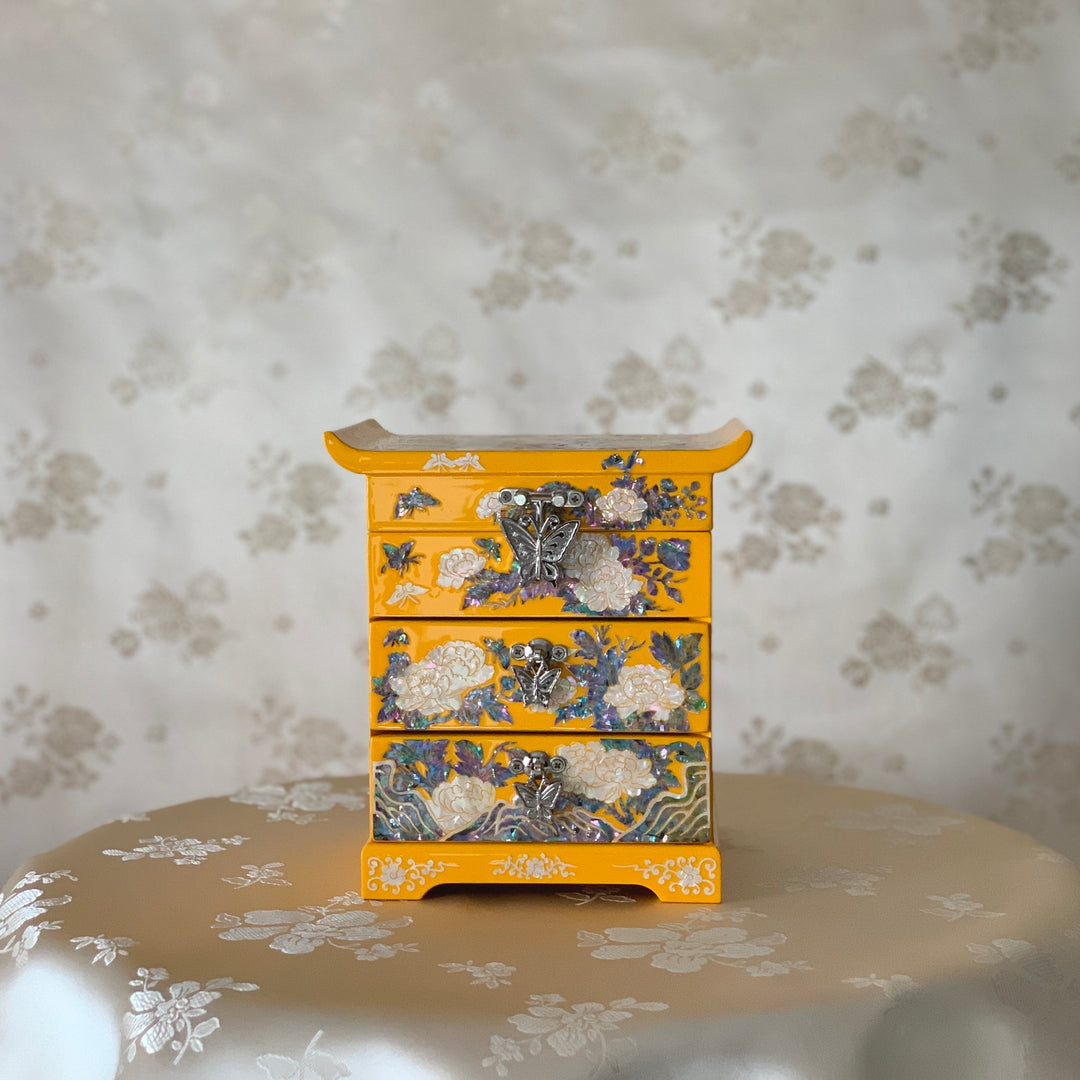 Mother of Pearl Square Yellow Jewelry Box with Butterfly and Peony Pattern (자개 호접 목단문 선비 설합 보석함)