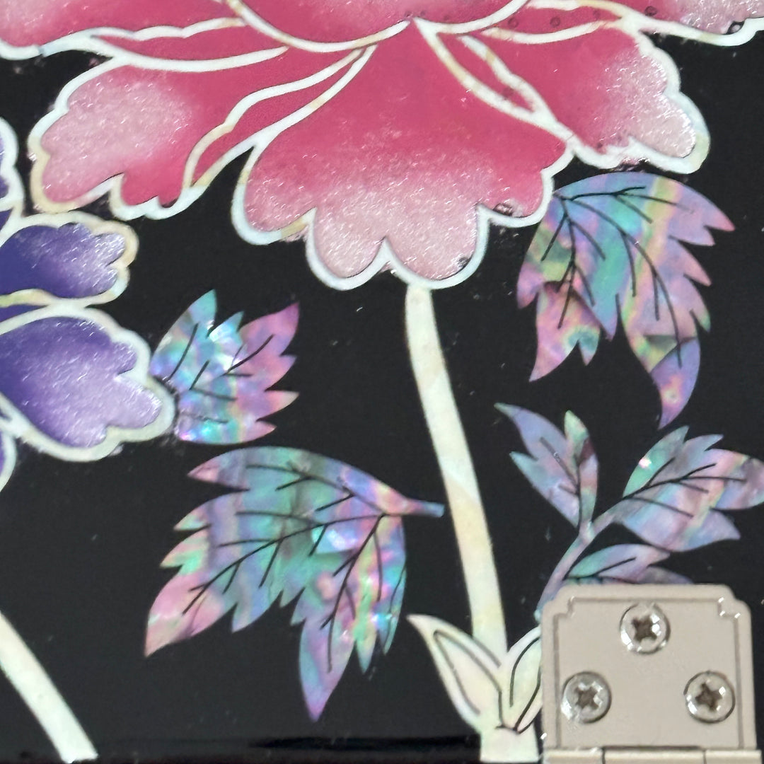 Mother of Pearl Vanity Chest with Mirror Stand: Black Body, Peony Motif