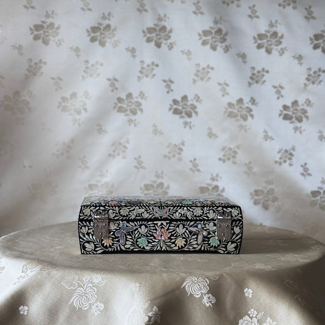 Mother of Pearl Keepsake Box with Butterfly, Lotus, and Arabesque Motifs