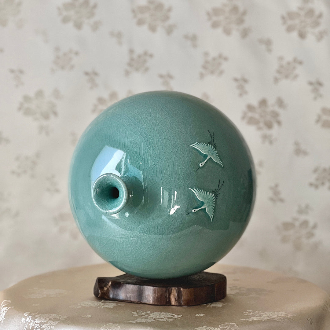 Celadon Vase with Embossed Two Cranes Pattern (청자 양각 쌍학문 호)