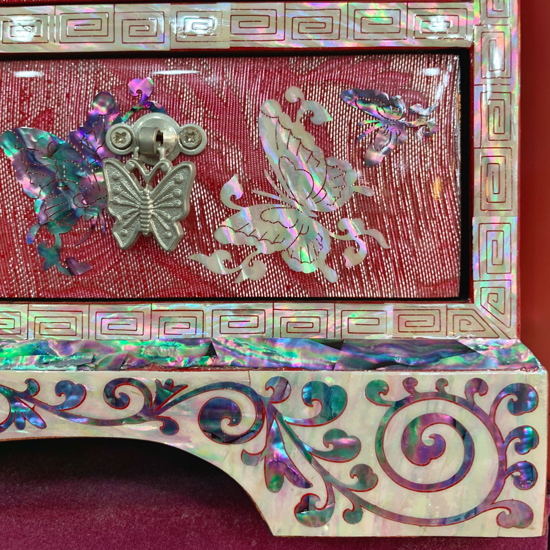 Pink Silk-Layered Mother of Pearl Double Doored Jewelry Box with Butterfly and Vine Pattern (자개 비단 은사 호접 당초문 보석함)