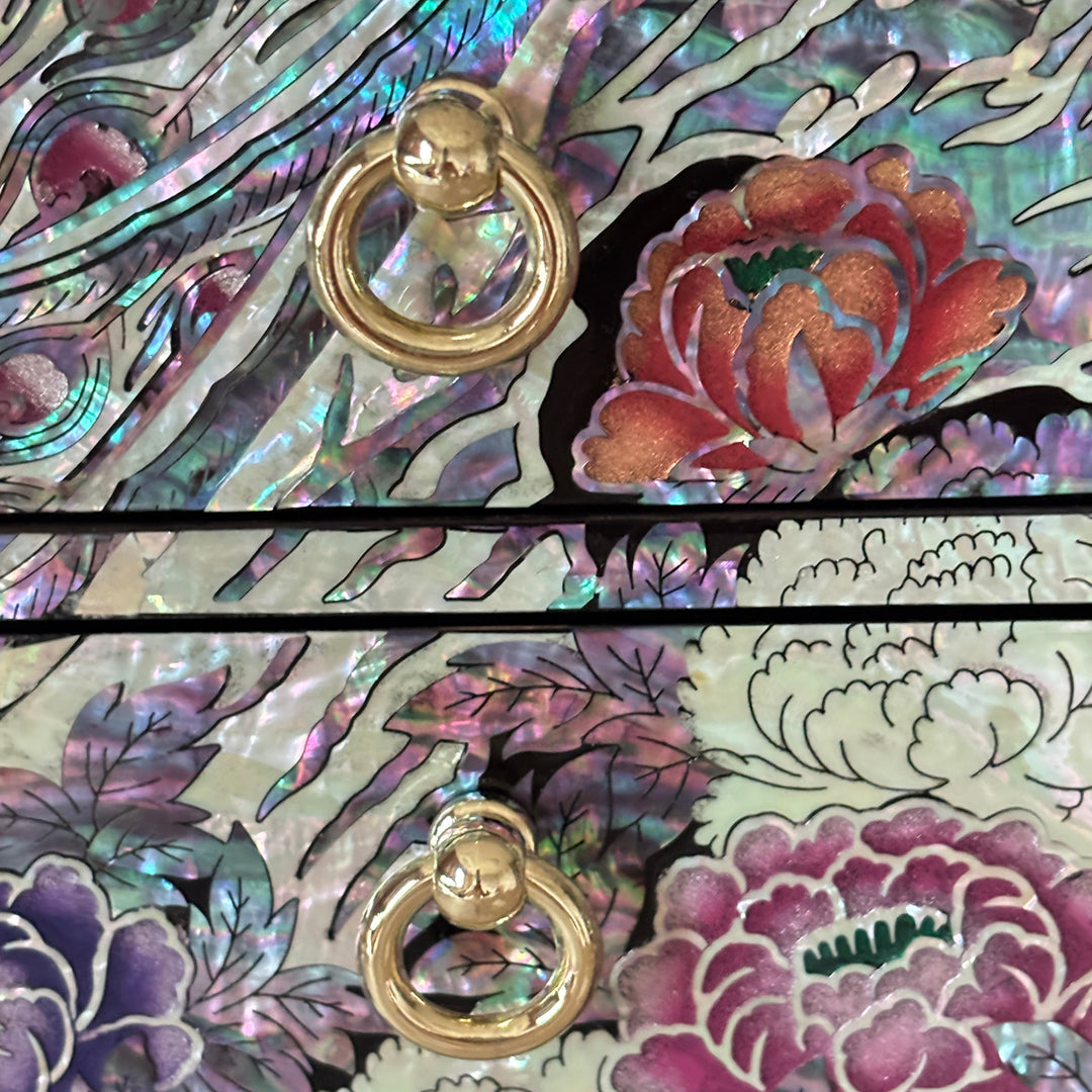 Mother of Pearl Bandaji Chest: Peacock and Peony Motif Jewelry Cabinet