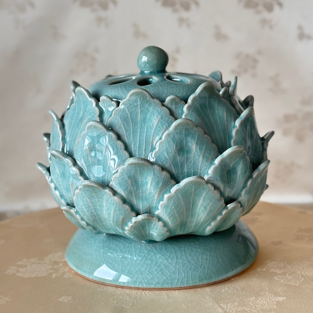 Celadon Incense Burner: Grand Scale with Lotus Motif and Openwork Lid