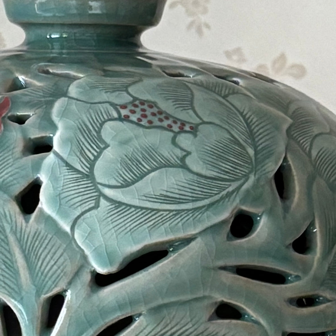 Celadon Vase with Relief-Carved Peony Motif and Double-Wall Openwork