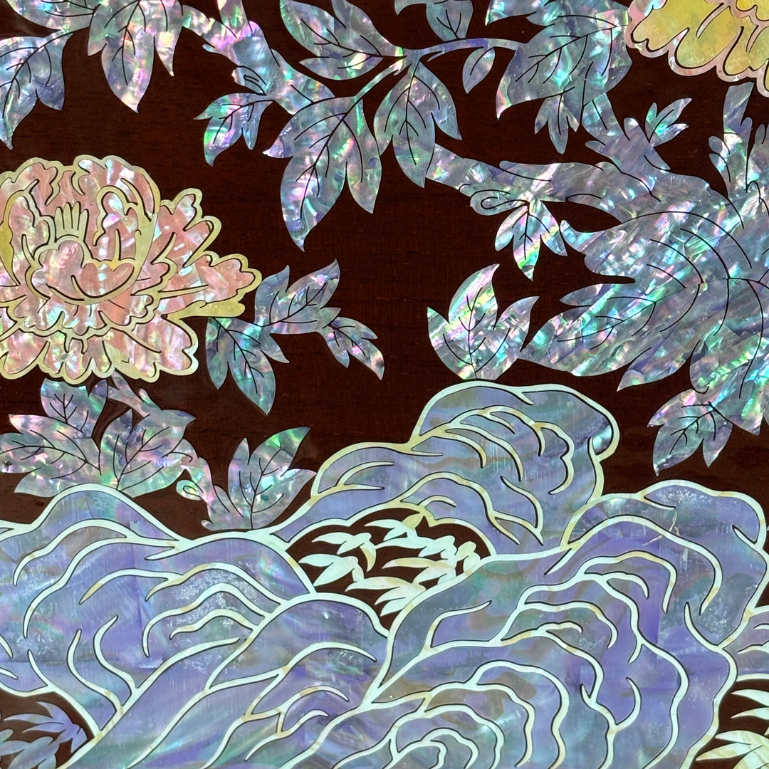 Mother of Pearl Folding Table: Grand Scale, Garden Landscape Motif with Peonies and Butterflies
