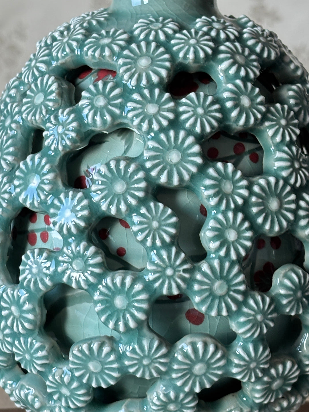 Celadon Vase: Double-Walled Openwork with Chrysanthemum and Crane-Plum Blossom Motifs