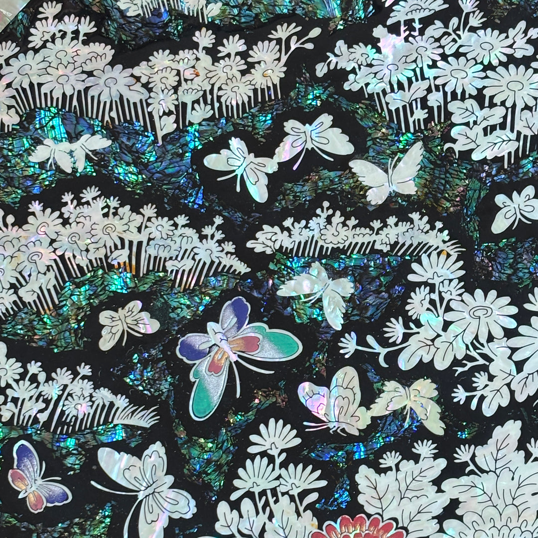 Mother of Pearl Octagonal Tray: Chrysanthemum and Butterfly on Abalone