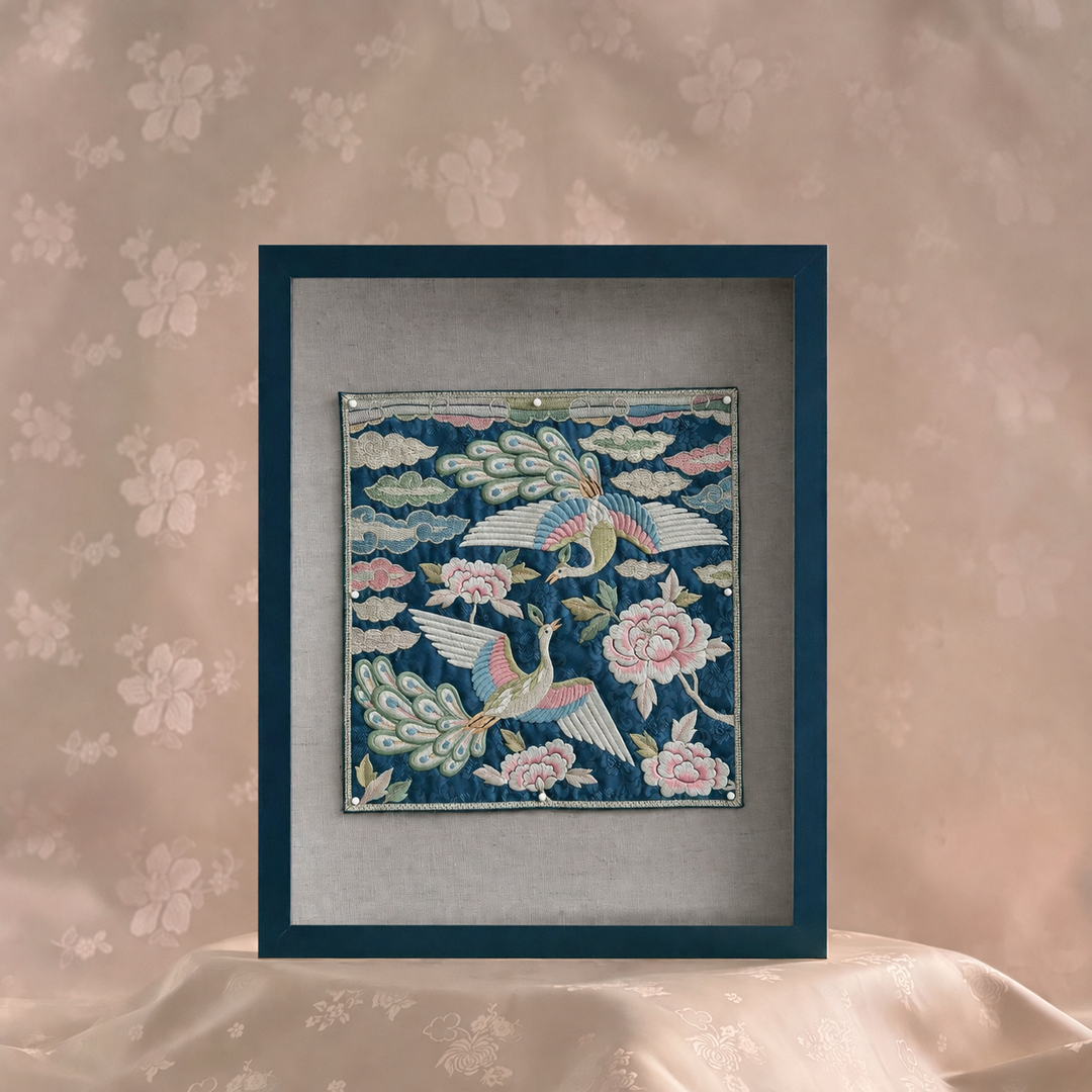 Embroidered Art Panel: Double Peacock and Peony Motif on Deep Blue Ground