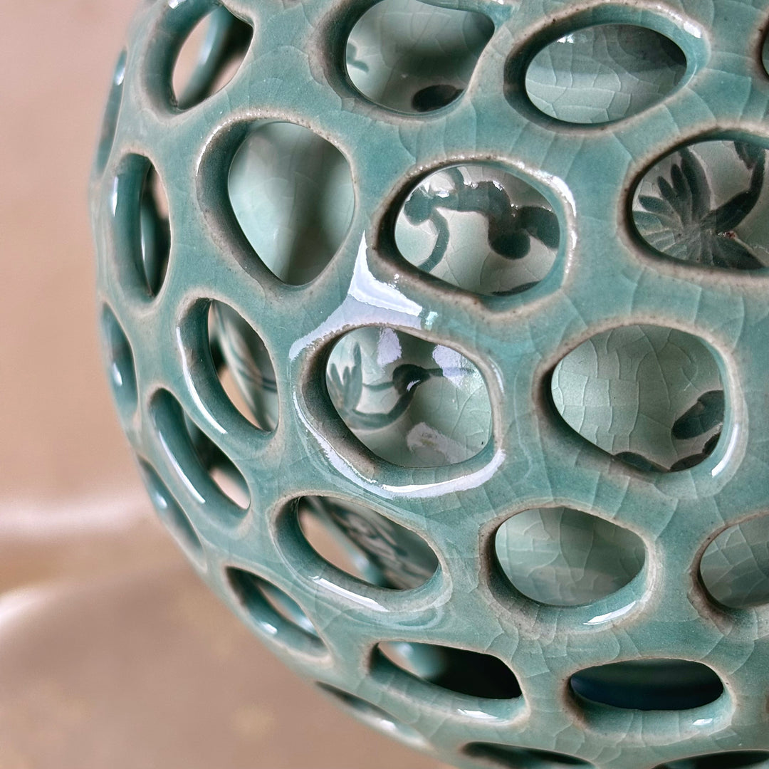 Celadon Double Wall Openwork Vase with Engraved Crane and Cloud Pattern