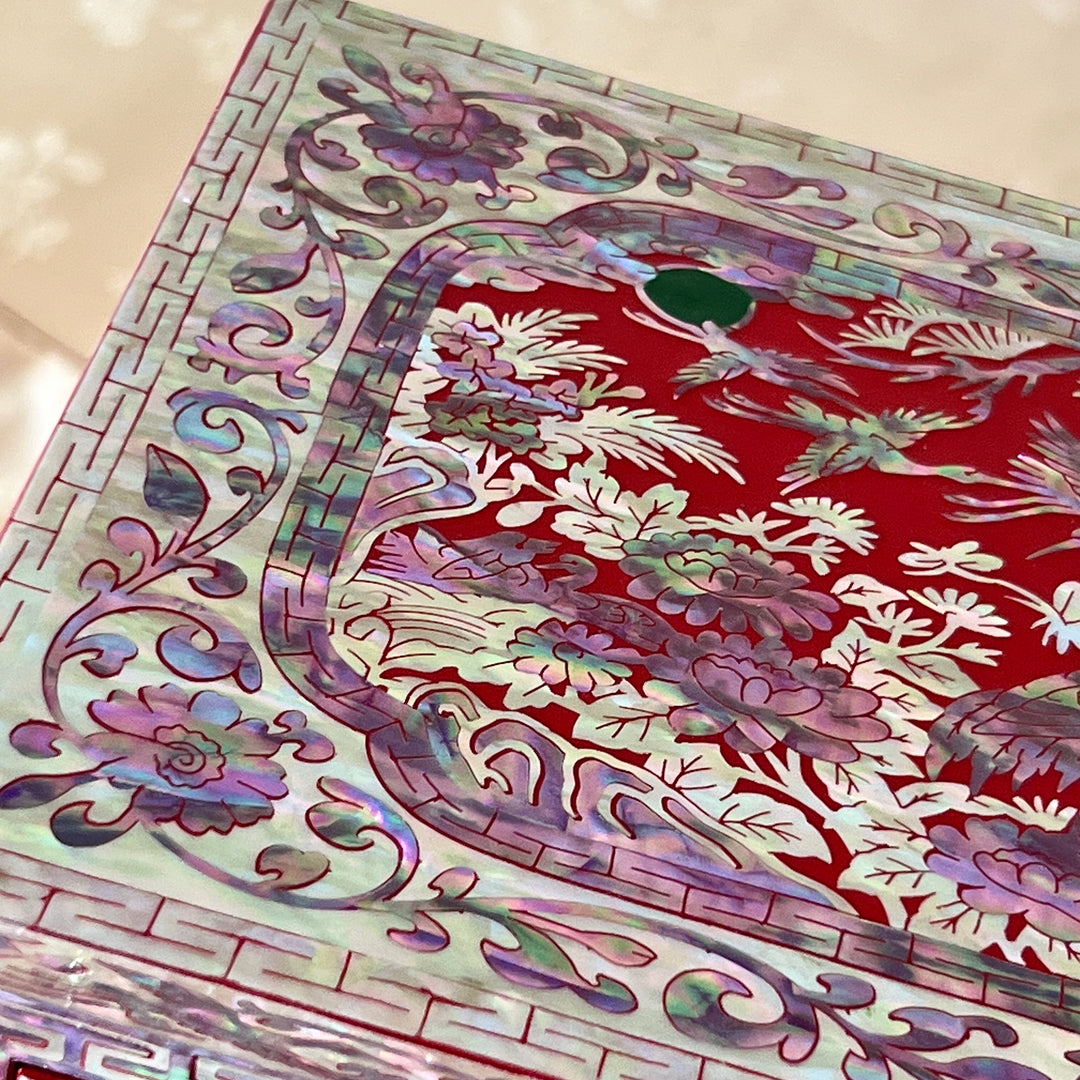 Mother-of-Pearl Double-Door Jewelry Chest: Longevity Motif, Red Ground