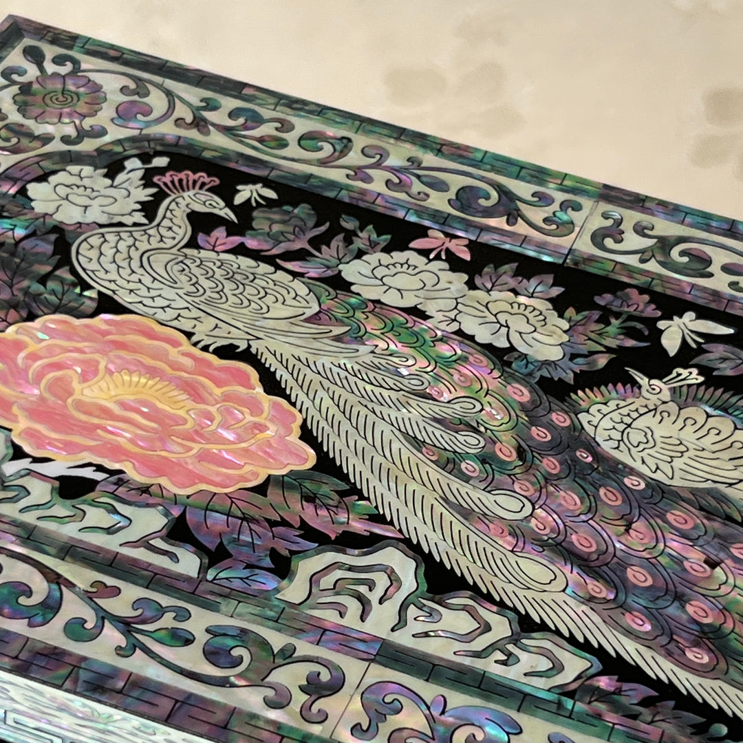 Mother-of-Pearl Double-Doored Jewelry Chest: Grand Scale, Longevity Motif on Black Ground
