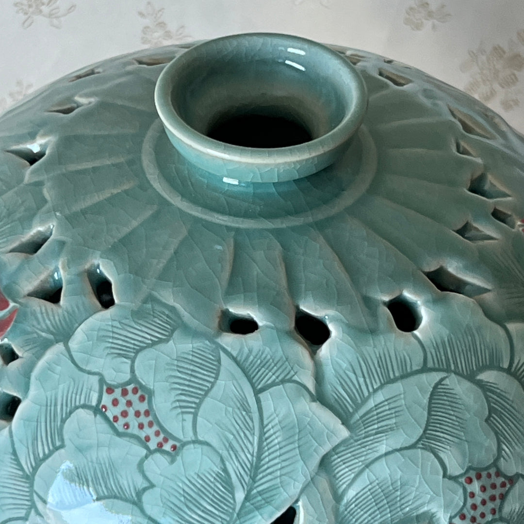 Celadon Double-Walled Openwork Vase: Sgraffito (Bakji) with Peony Motif