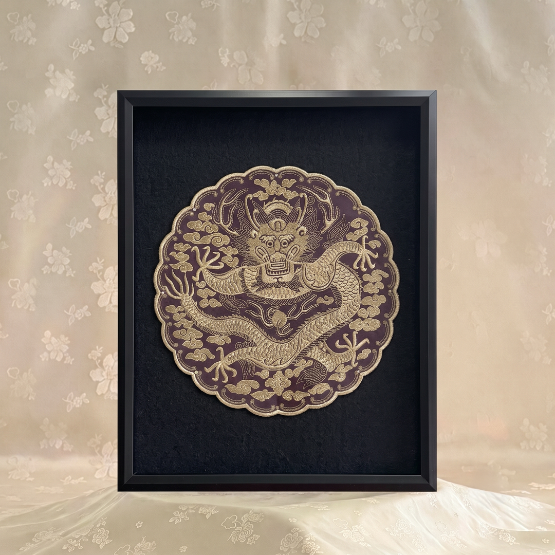 Embroidered Art Panel : Joseon Royal Dragon Insignia (Yongbo), Black Frame