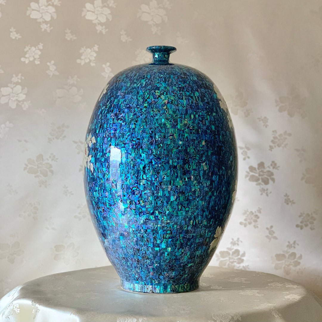 Ceramic Mother of Pearl Long Vase with Butterfly and Peony Pattern (자개 호접 목단문 호)