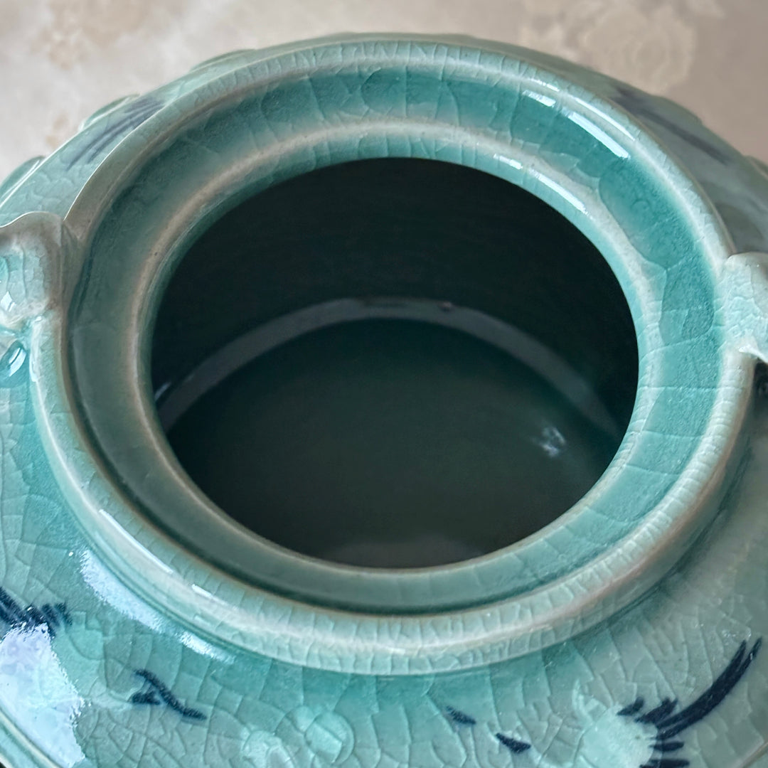 Celadon Incense Burner: Double-Wall Openwork with Inlaid Crane Motif and Dragon Handles