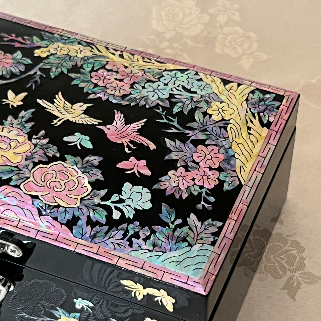 Mother-of-Pearl Jewelry Box: Plum Blossom and Bird Floral Motif on Black Ground