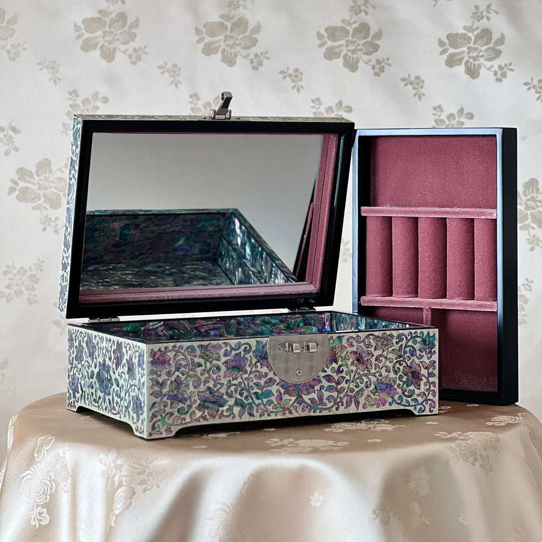Mother-of-Pearl Jewelry Box: Paired Cranes in a Pine Grove