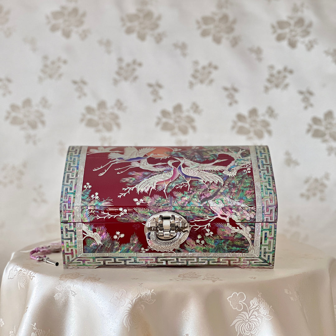 Mother of Pearl Wine Color Wooden Jewelry Box with Pine, Crane and Vine Pattern (자개 송학 당초문 보석함)