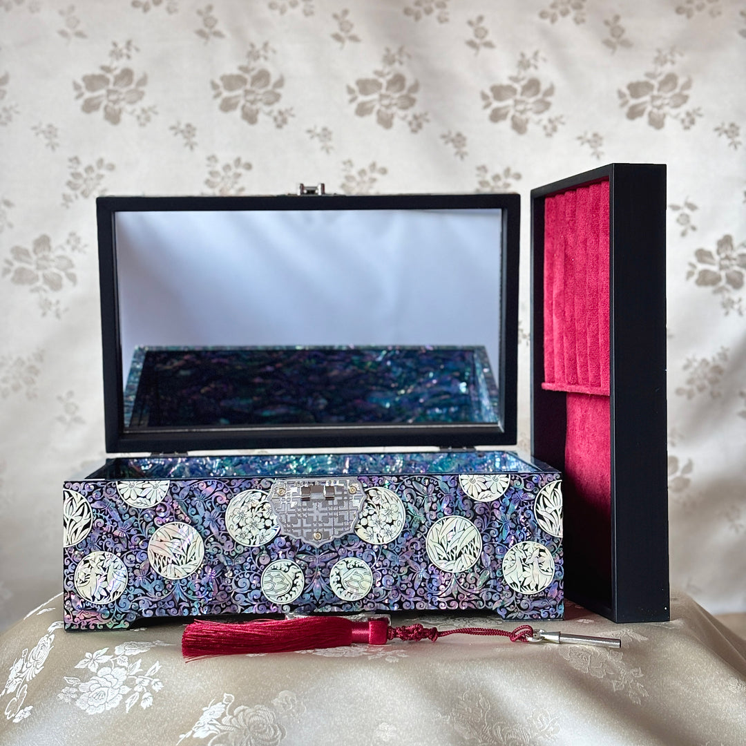 Mother-of-Pearl Jewelry Box: Crane Landscape with Longevity Symbols