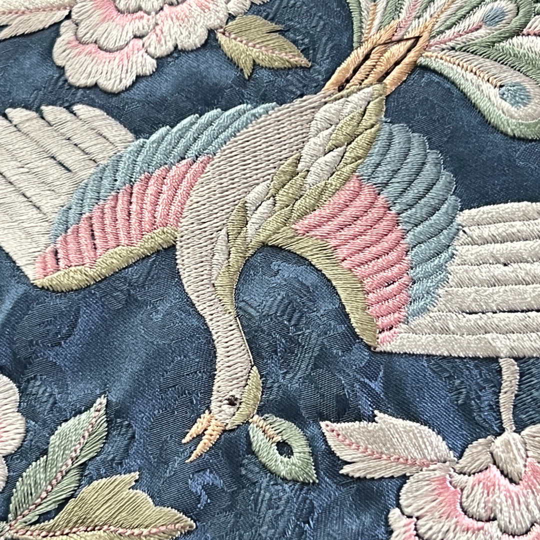 Embroidered Art Panel: Double Peacock and Peony Motif on Deep Blue Ground