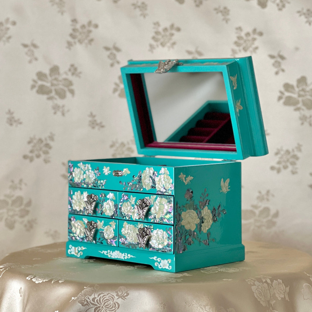Mother of Pearl Mint Wooden Jewelry Box with Butterfly and Peony Pattern (자개 호접 목단문 선비 설합 보석함)