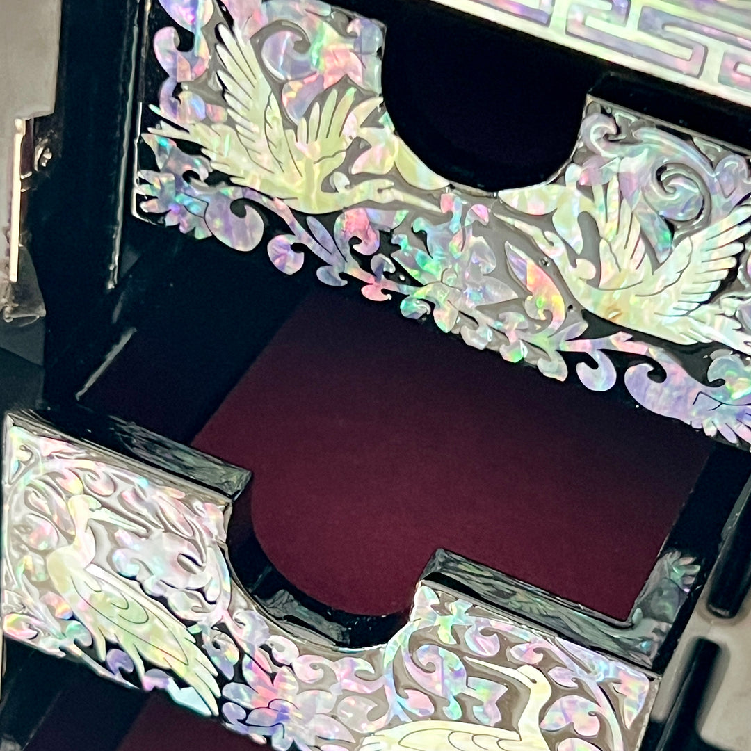 Mother-of-Pearl Double-Door Jewelry Chest: Longevity Motif, Black Ground