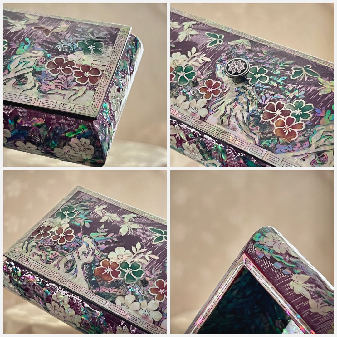 Mother of Pearl Purple Pencil Case with Silk Layered and Pattern of Butterfly and Flower (자개 비단 은사 호접문 굴림 필함)