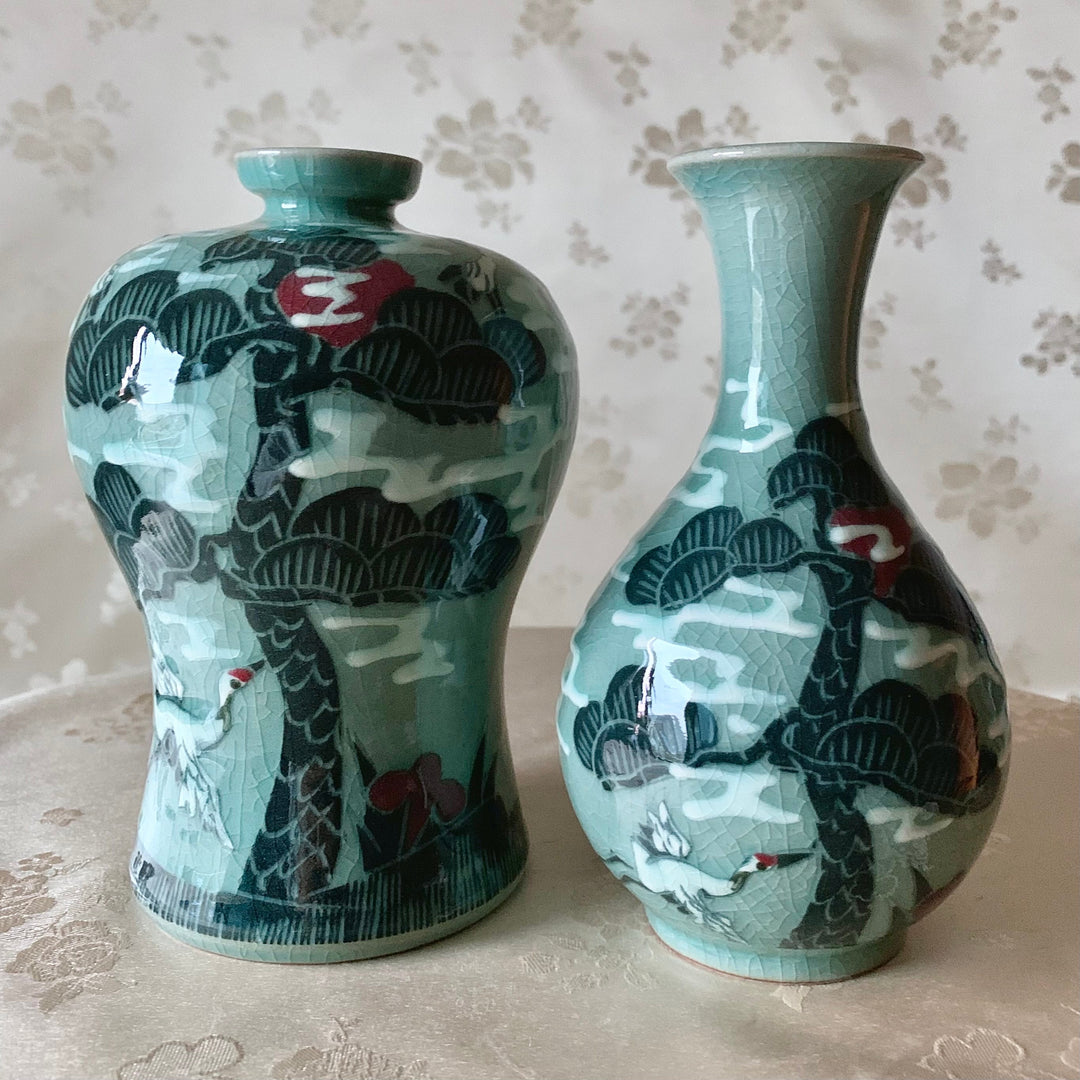 Celadon Vase Set with Embossed Pine Tree and Crane Pattern (청자 양각 송학문 매병,주병)