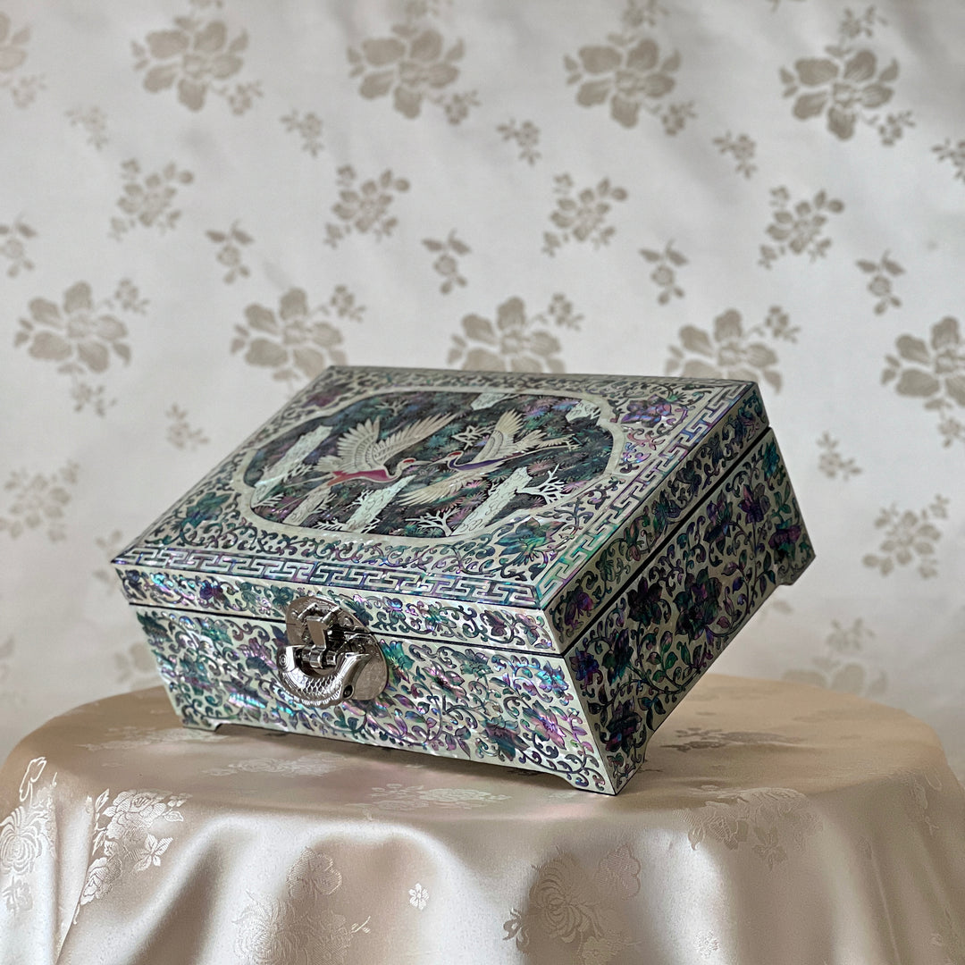 Mother-of-Pearl Jewelry Box: Paired Cranes in a Pine Grove