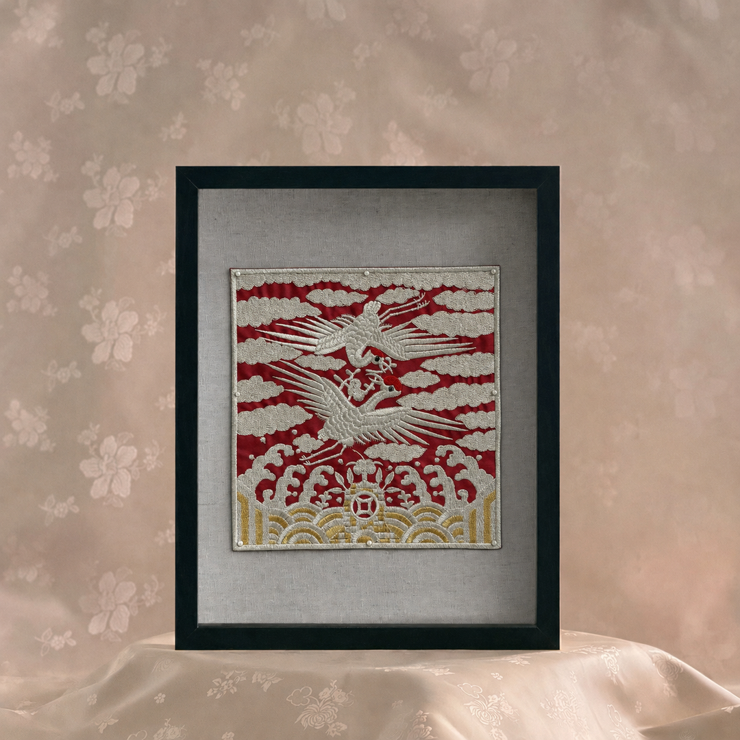 Embroidered Art Panel: Crane Pair Motif on Red Ground