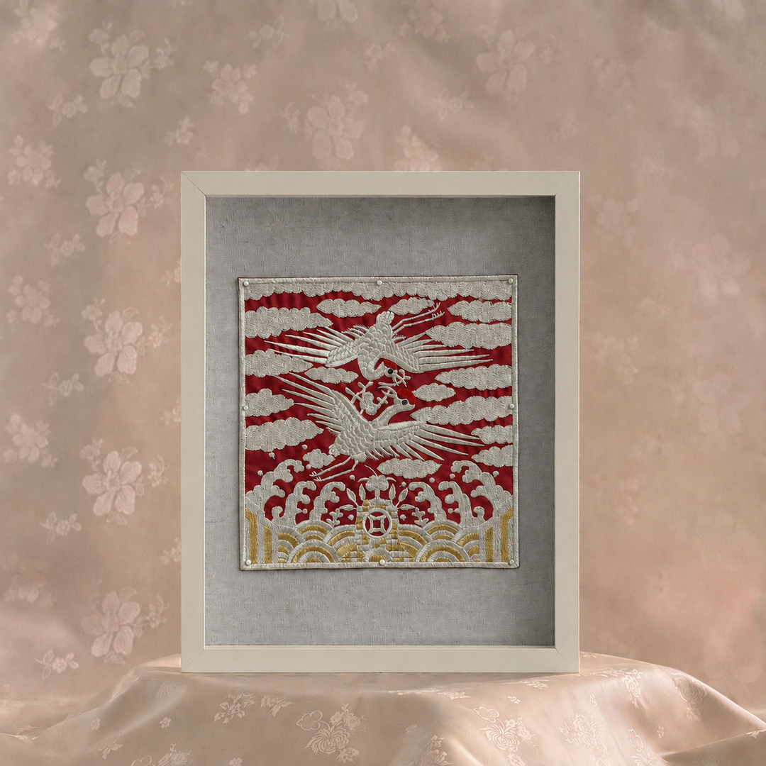 Embroidered Art Panel: Crane Pair Motif on Red Ground