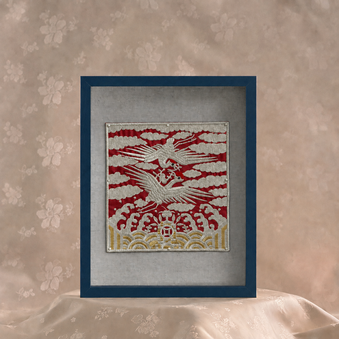 Embroidered Art Panel: Crane Pair Motif on Red Ground