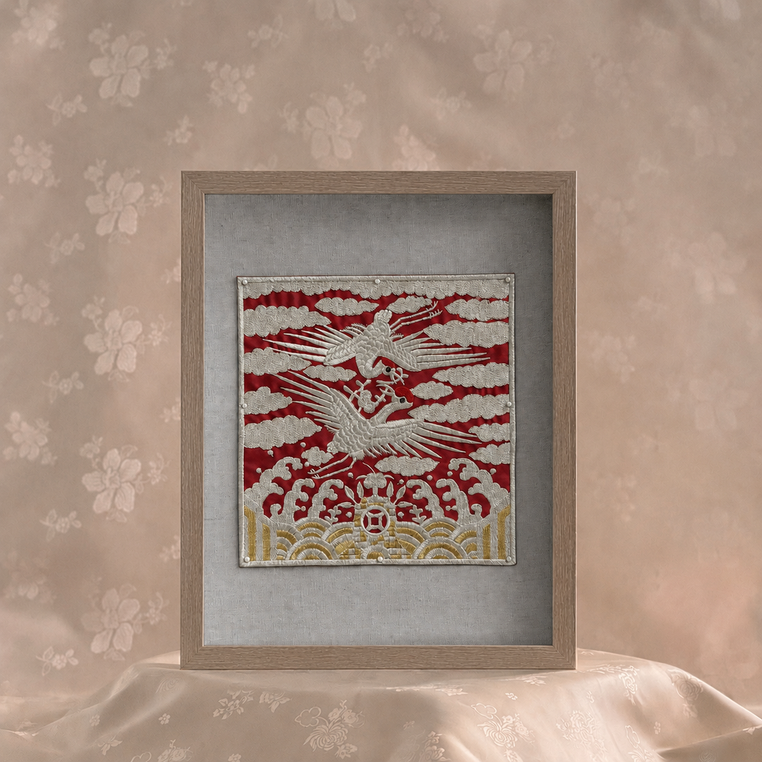 Embroidered Art Panel: Crane Pair Motif on Red Ground