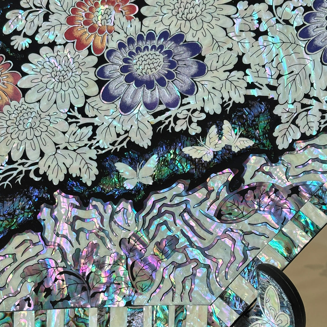 Mother of Pearl Octagonal Tray: Chrysanthemum and Butterfly on Abalone