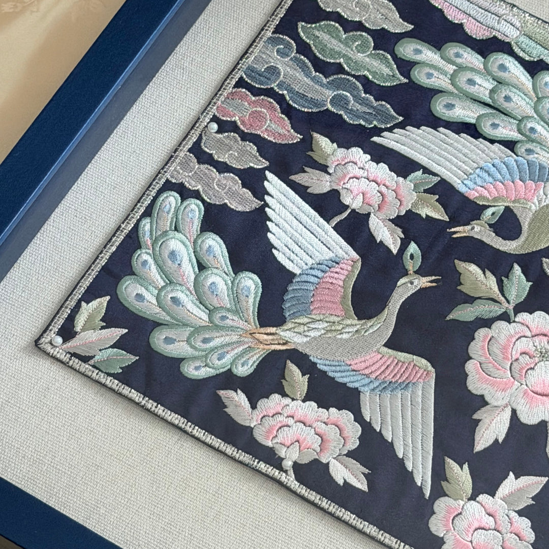 Embroidered Art Panel: Peacock Pair and Peony Motif on Navy Ground
