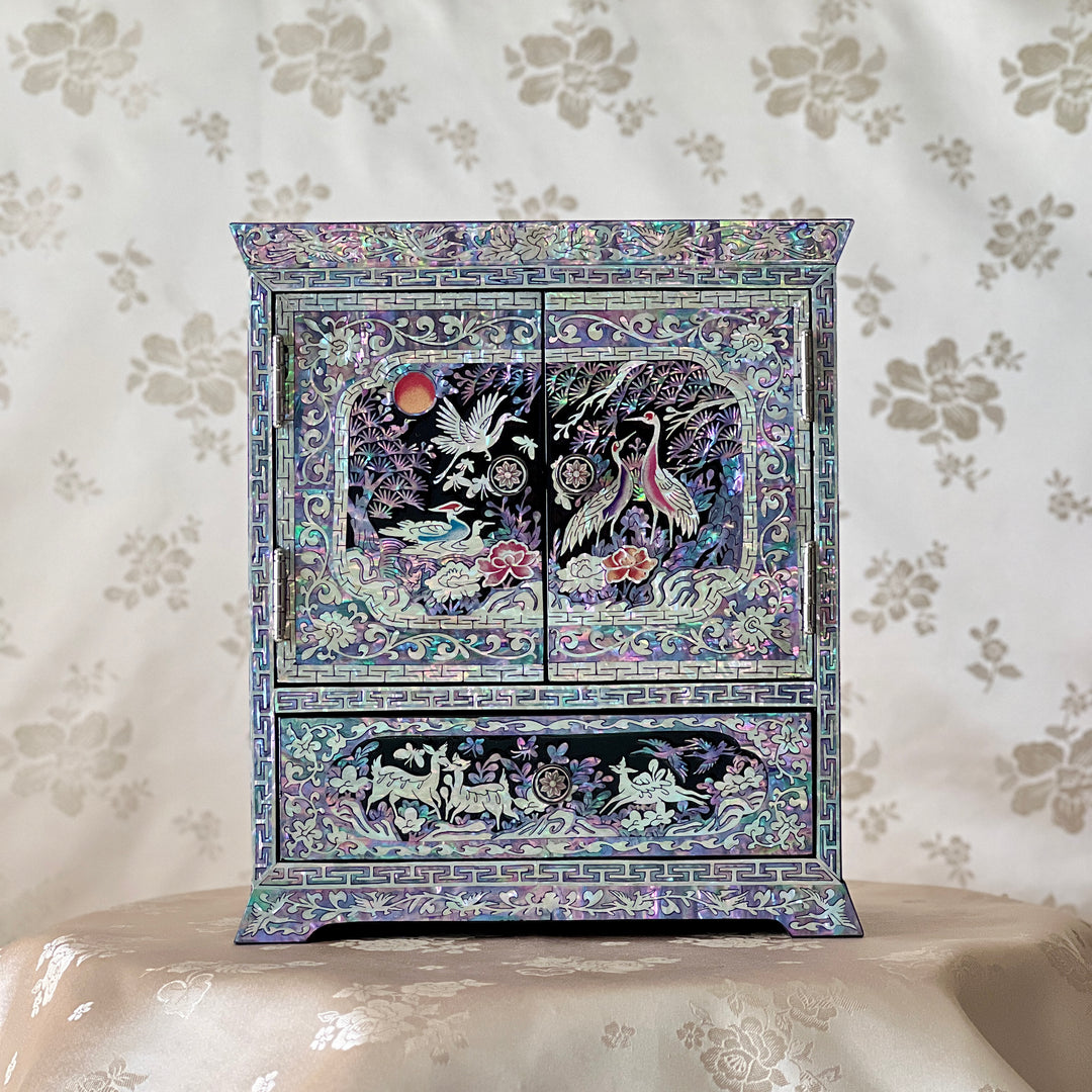 Mother-of-Pearl Double-Door Jewelry Chest: Longevity Motif, Black Ground