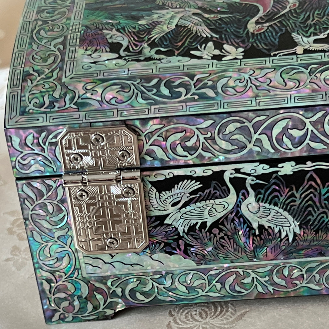 Mother-of-Pearl Jewelry Box: Auspicious Mountain Landscape with Cranes