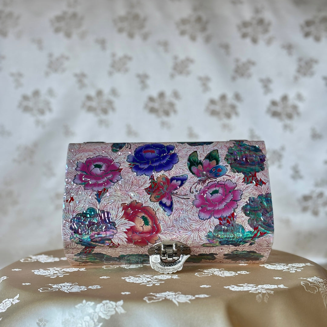 Mother of Pearl Jewelry Box: Butterfly and Peony Motif on Red Ground