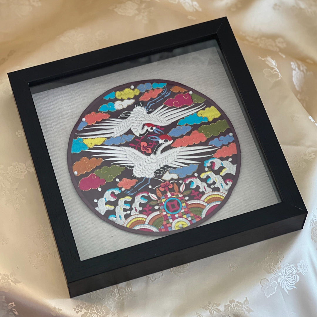 Embroidered Art Emblem: Crane Pair Motif in Frame, Brown Silk