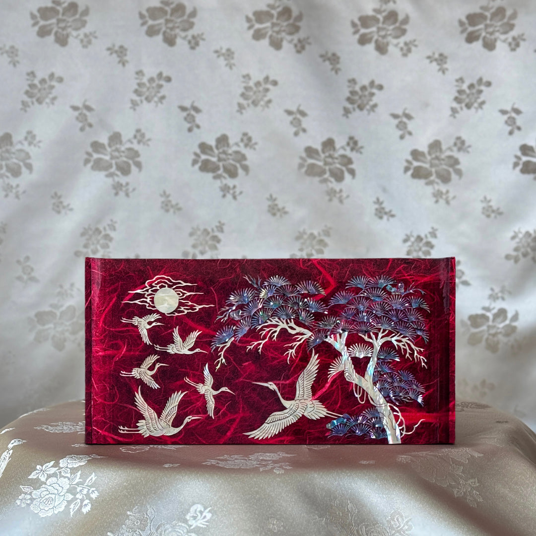 Mother-of-Pearl Jewelry Chest: Red Hanji Body with Crane-and-Pine Motif in Scholar’s Table Form