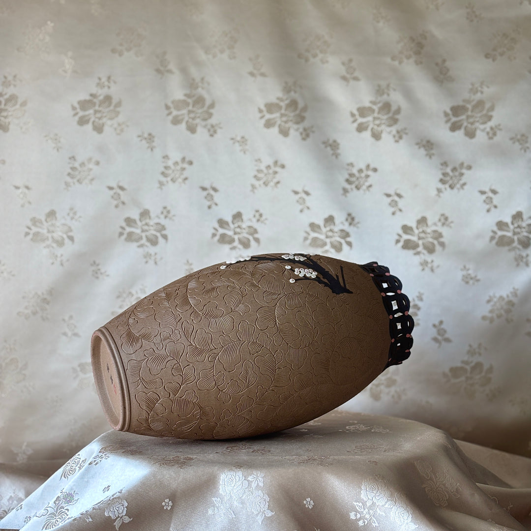 Unglazed Ceramic Vase: Buncheong Clay Body with Plum Blossom Branch and Openwork Rim