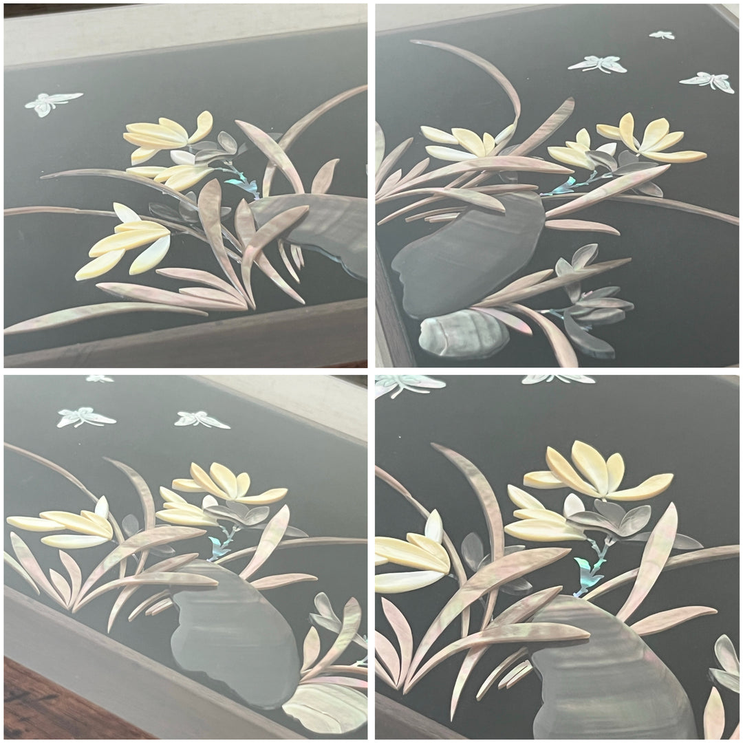 Mother of Pearl Craftwork with Orchid and Butterfly Pattern in Wooden Frame (자개 원패 호접 난초문 액자)