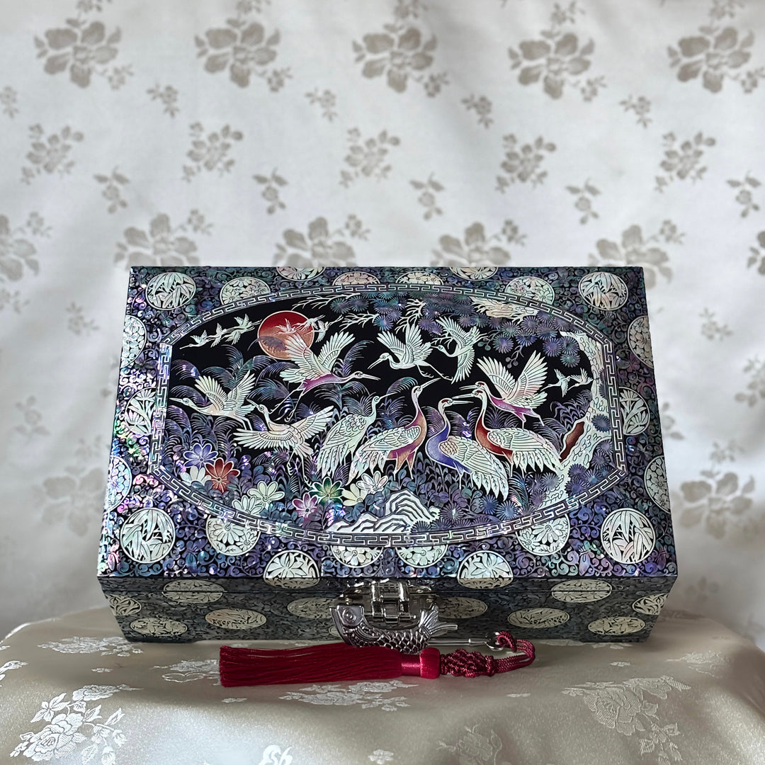 Mother-of-Pearl Jewelry Box: Crane Landscape with Longevity Symbols