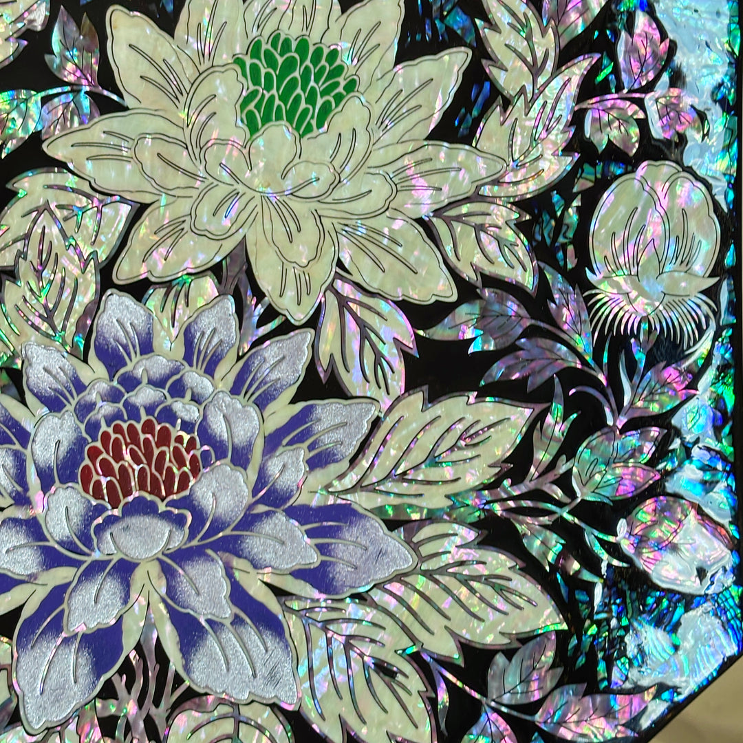 Mother of Pearl Octagonal Decorative Plate: Peony Motif on Abalone