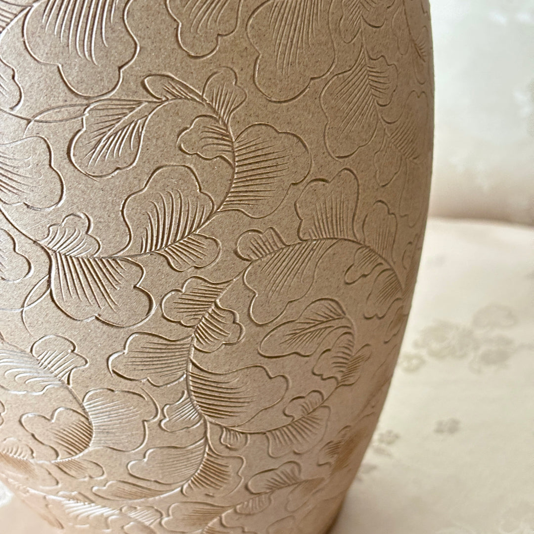 Unglazed Ceramic Vase: Buncheong Clay Body with Plum Blossom Branch and Openwork Rim