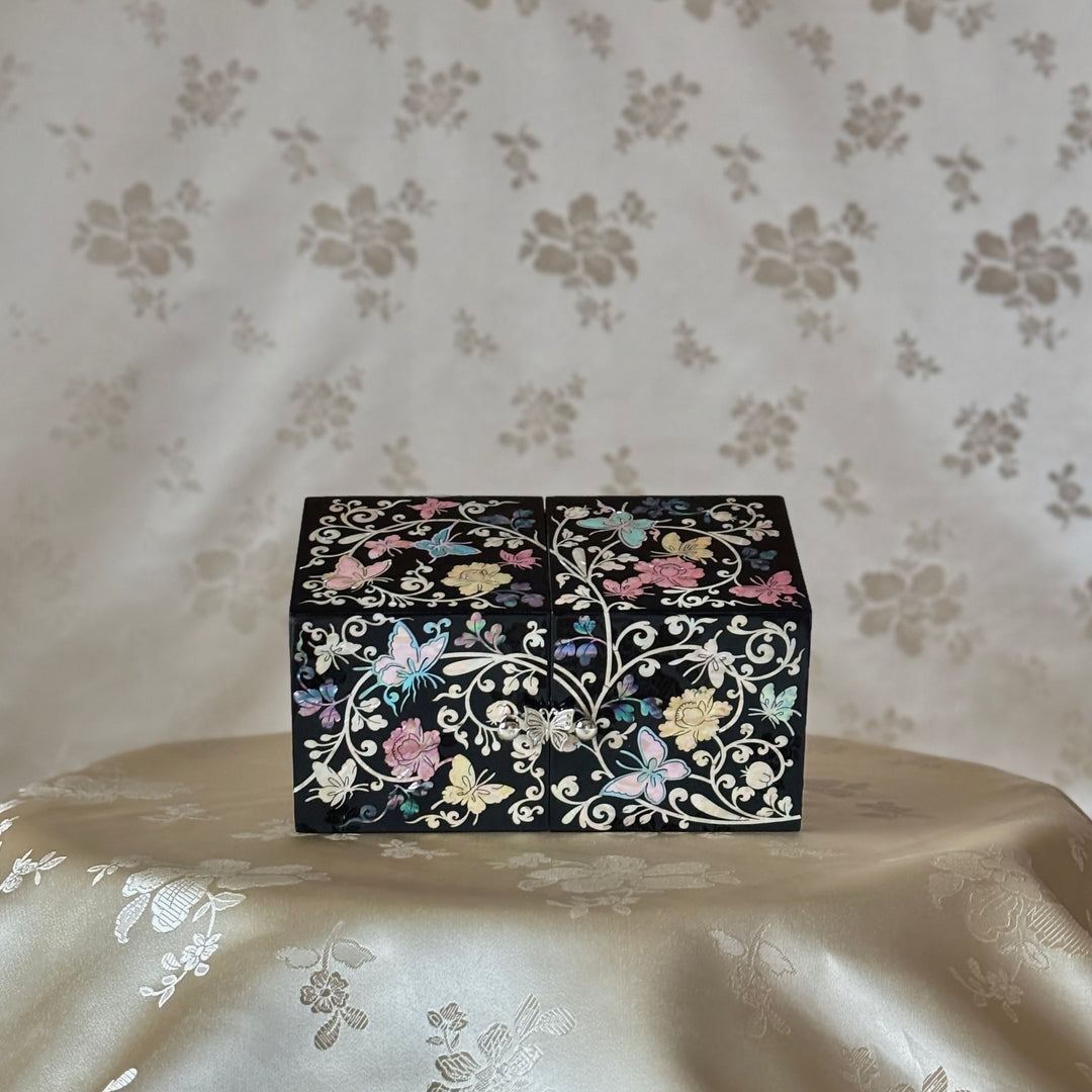Mother-of-Pearl Double Jewelry Chest: Deep Black Finish with Butterfly and Vine Motif
