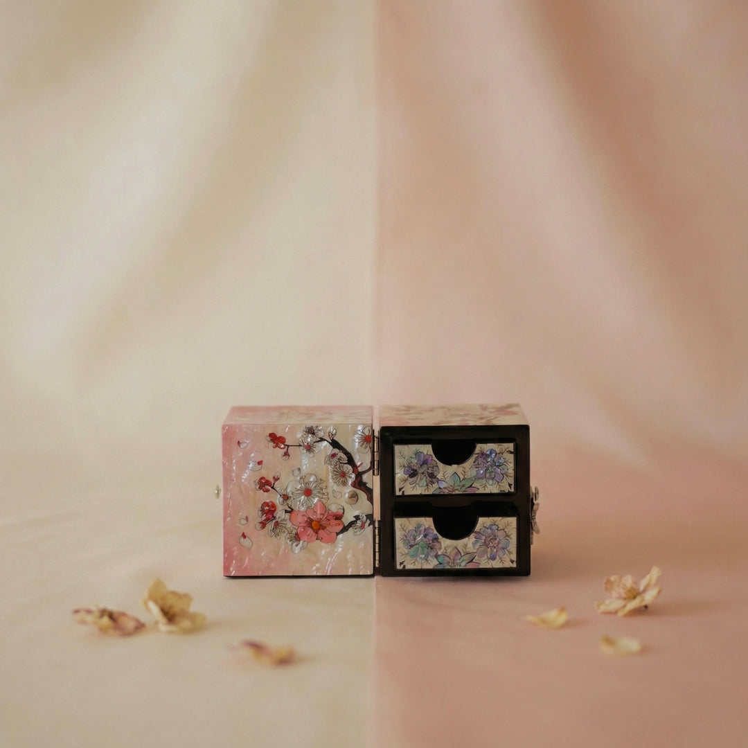 Mother of Pearl Jewelry Chest Pair: Plum Blossom Motif