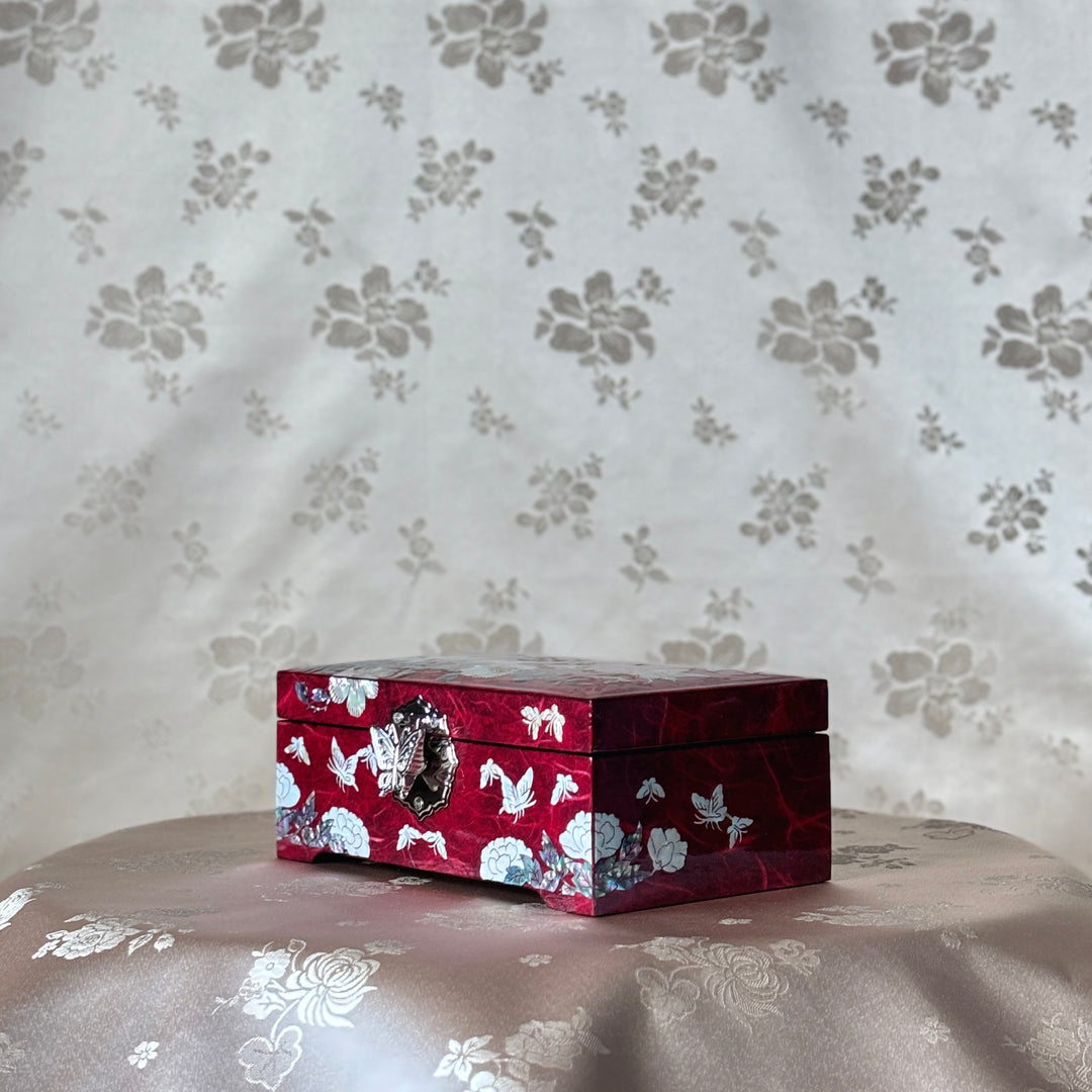Mother of Pearl Jewelry Box: Butterfly and Plum Blossom Motifs on Red Hanji